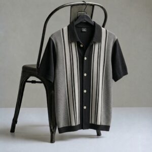 Black-White Straipe knitted Cardigan Shirt