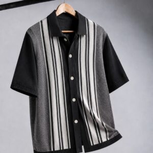 Black-White Straipe knitted Cardigan Shirt