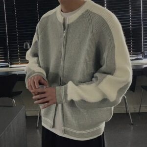 Color-Blocked Zip-Up Knit Cardigan