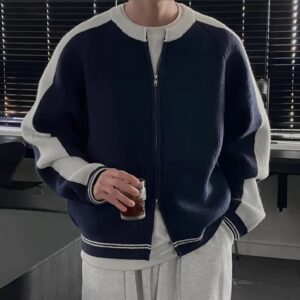 Color-Blocked Zip-Up Knit Cardigan